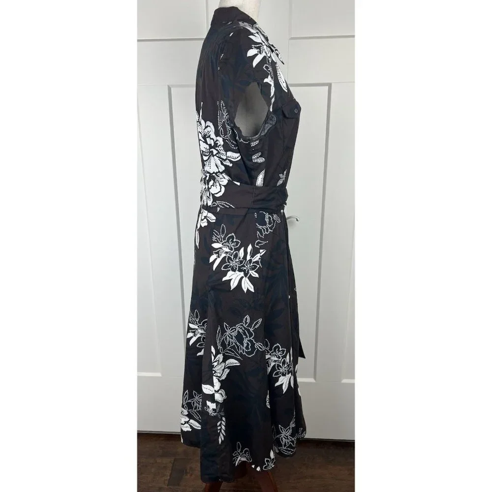 Talbots Fit & Flare Dress 12 Brown Cream Floral Faux Wrap Belted Midi - Picture 7 of 10